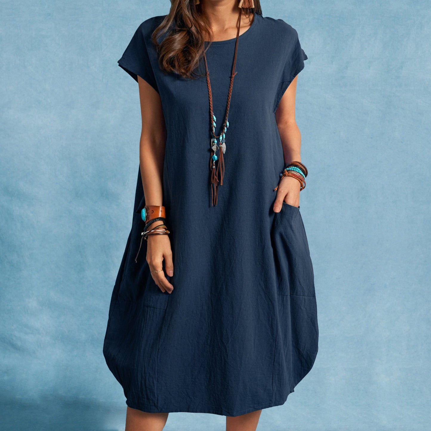 Women's Cotton Linen Loose Casual Solid Color Pocket Dress