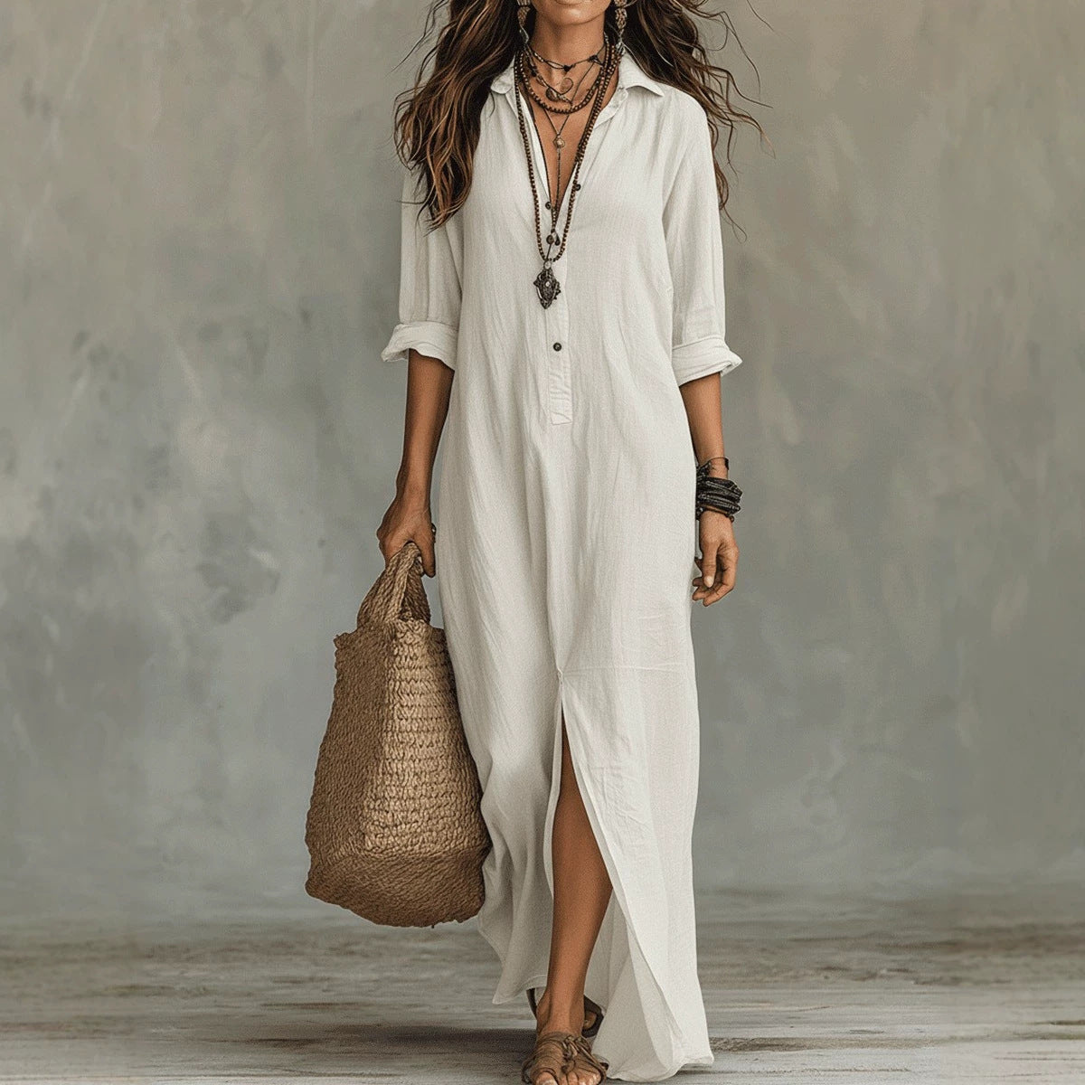 Shirt Collar Floor Casual Slit Long Dress