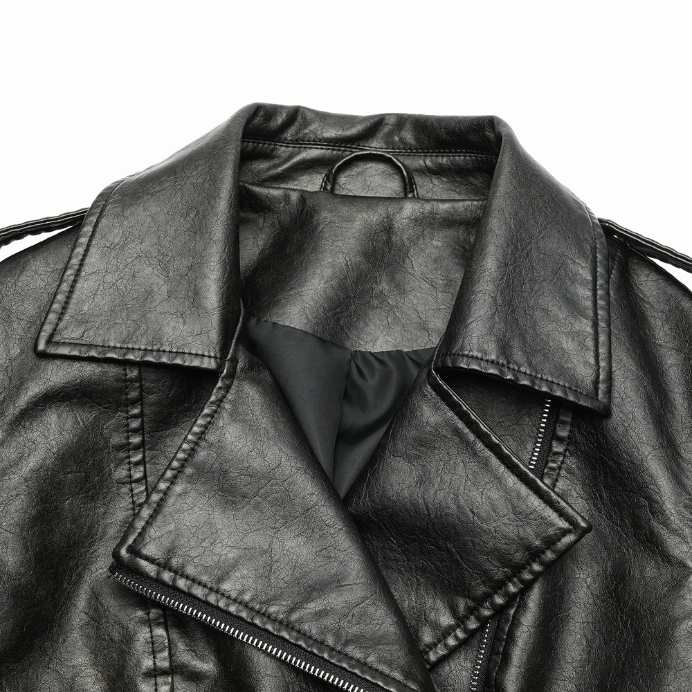 Women's Motorcycle Leather Lapel Epaulet Design Back Jackets