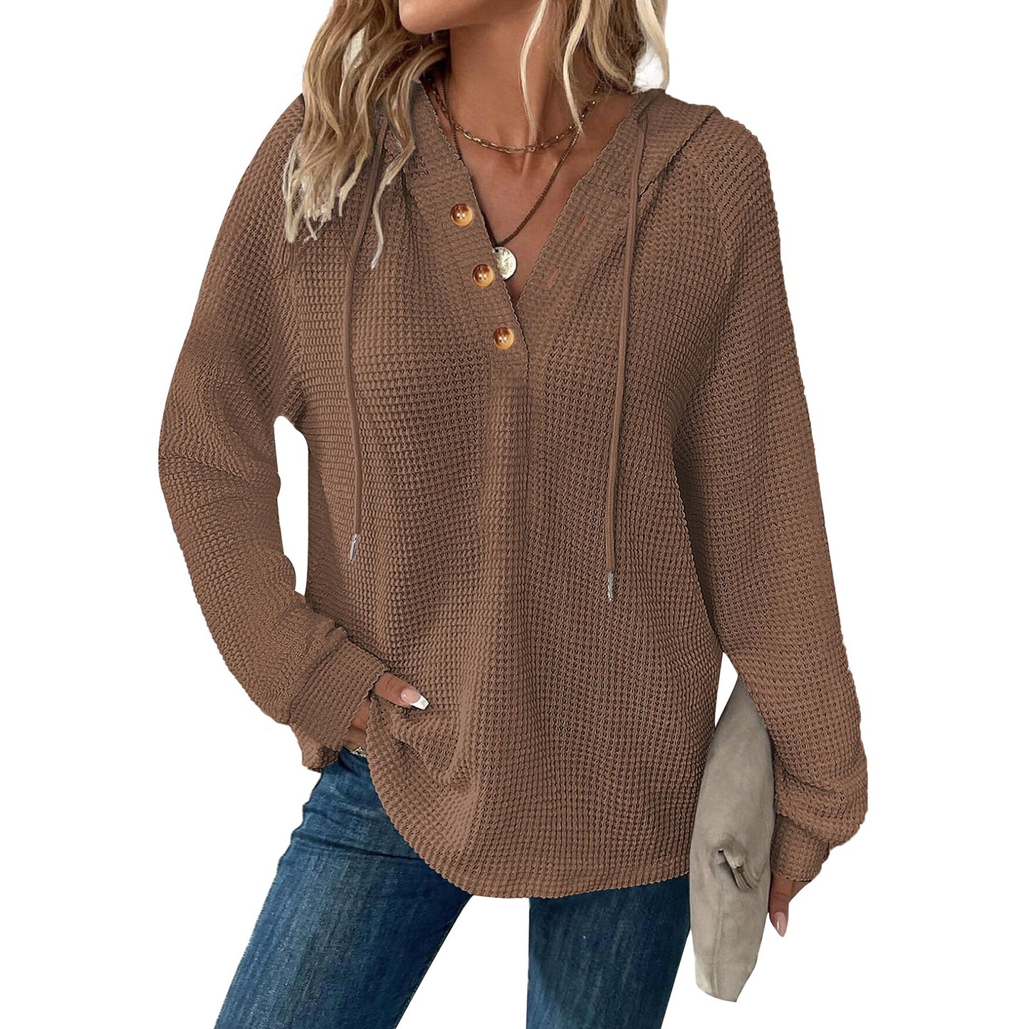 Women's Solid Color Waffle Hooded Button Loose Long Women's Sweater, Sweater