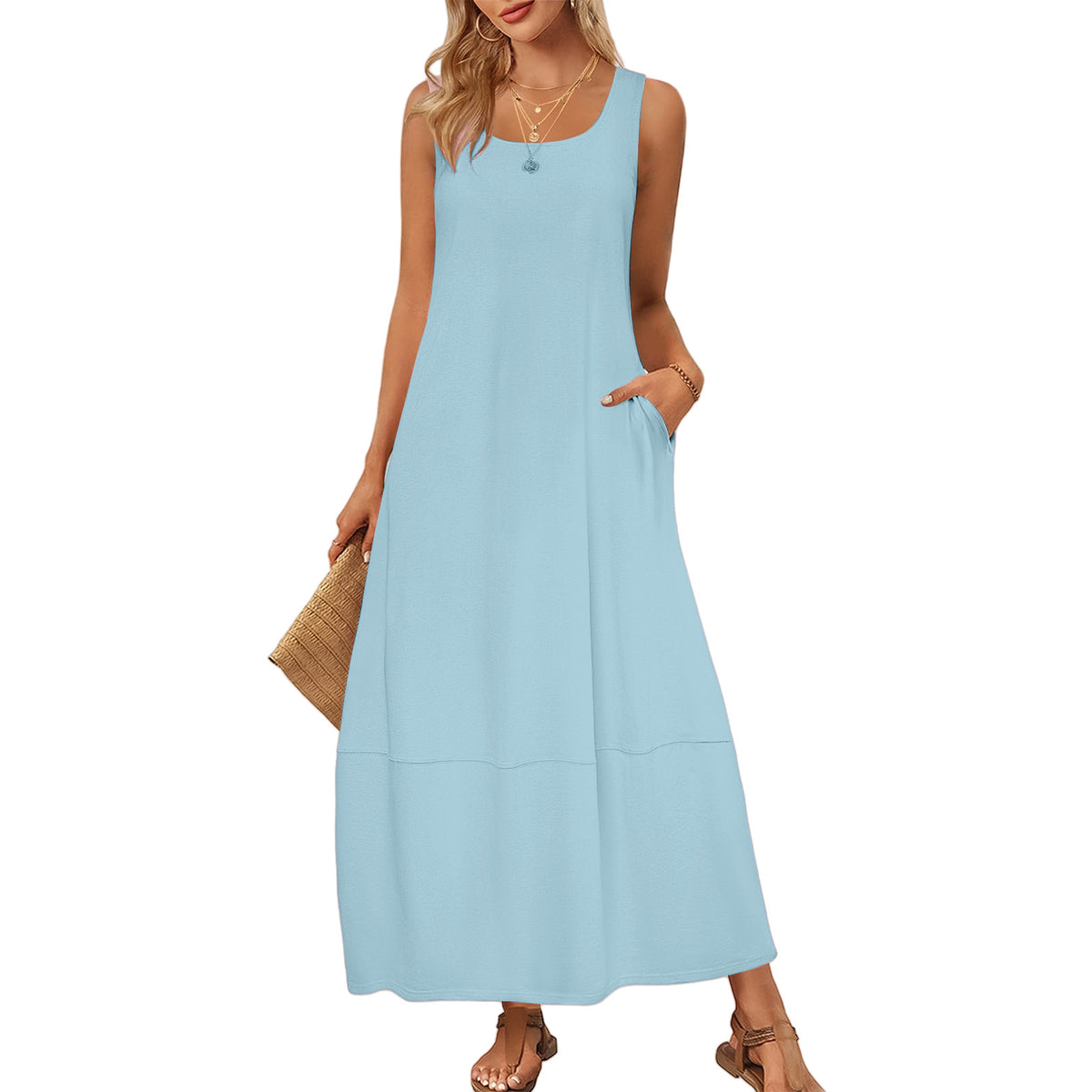 Women's Solid Color Pocket Sleeveless Casual Holiday Dress
