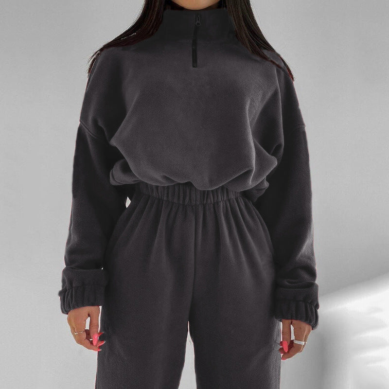Women's Solid Color Loose Zip Stand Collar Suits