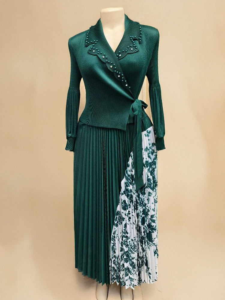 Women's Fake Two Pieces Pleated Print Dress Dresses