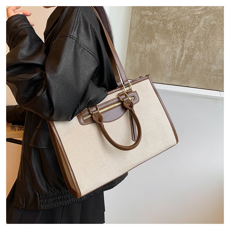 Female Linen Contrast Color Retro Leisure Commute Tote Bags