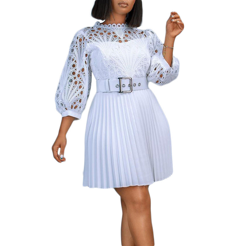 Women's Temperament Pure Color Lace Crocheted Pleated Dress