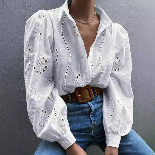 Women's Single-breasted Solid Color Embroidered Long-sleeved Lapel Sweaters