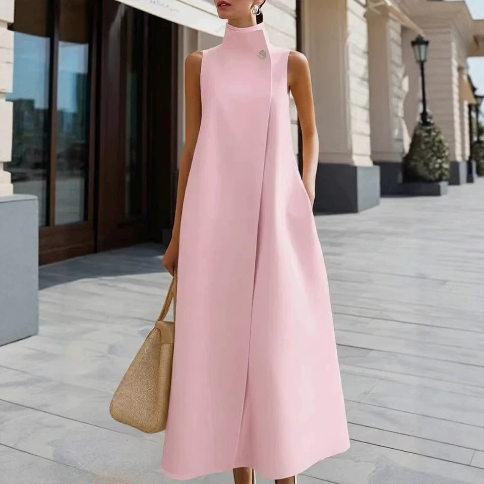 Elegant Commuter Stand Collar One Button Solid Color Sleeveless Dress
