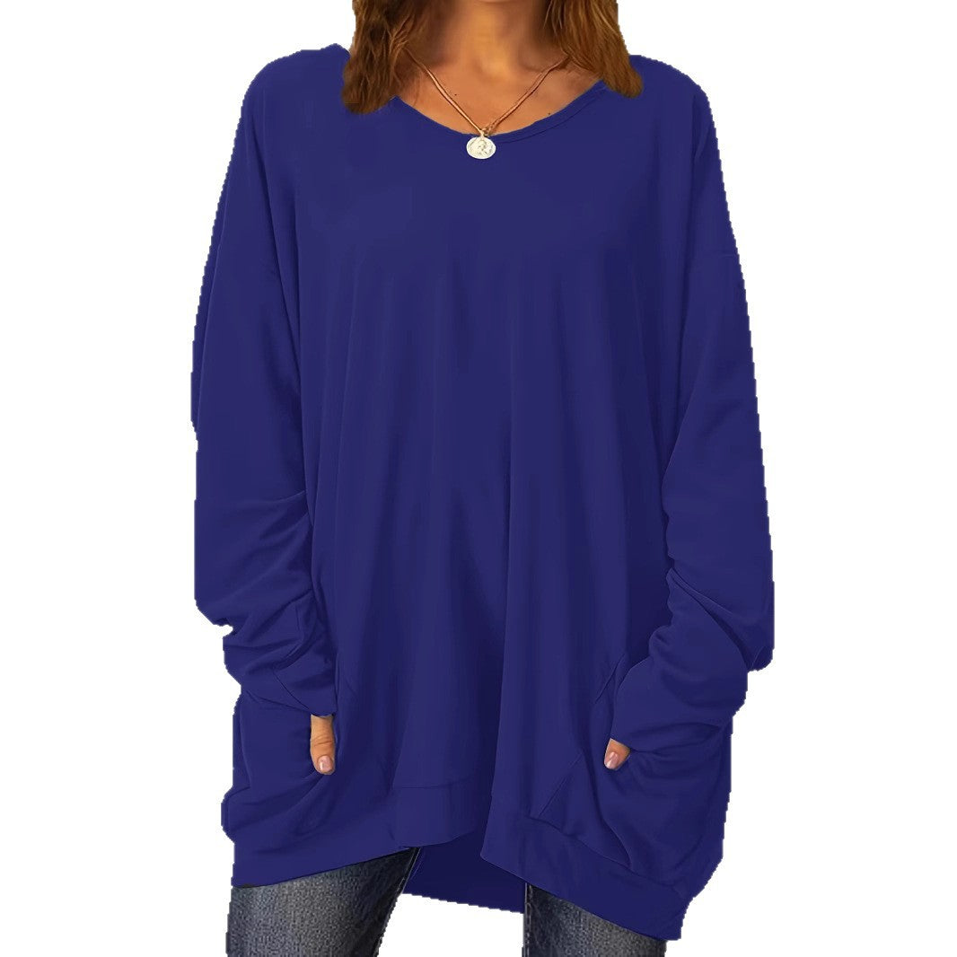 Women's Pullover Long-sleeved Double Pocket Solid Color Tops