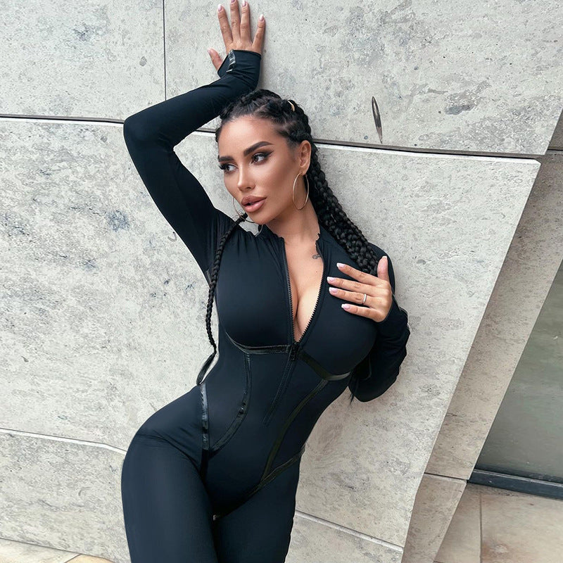 Fashion Sports Leather American Split Line Long Sleeve Women's Jumpsuit/clothing