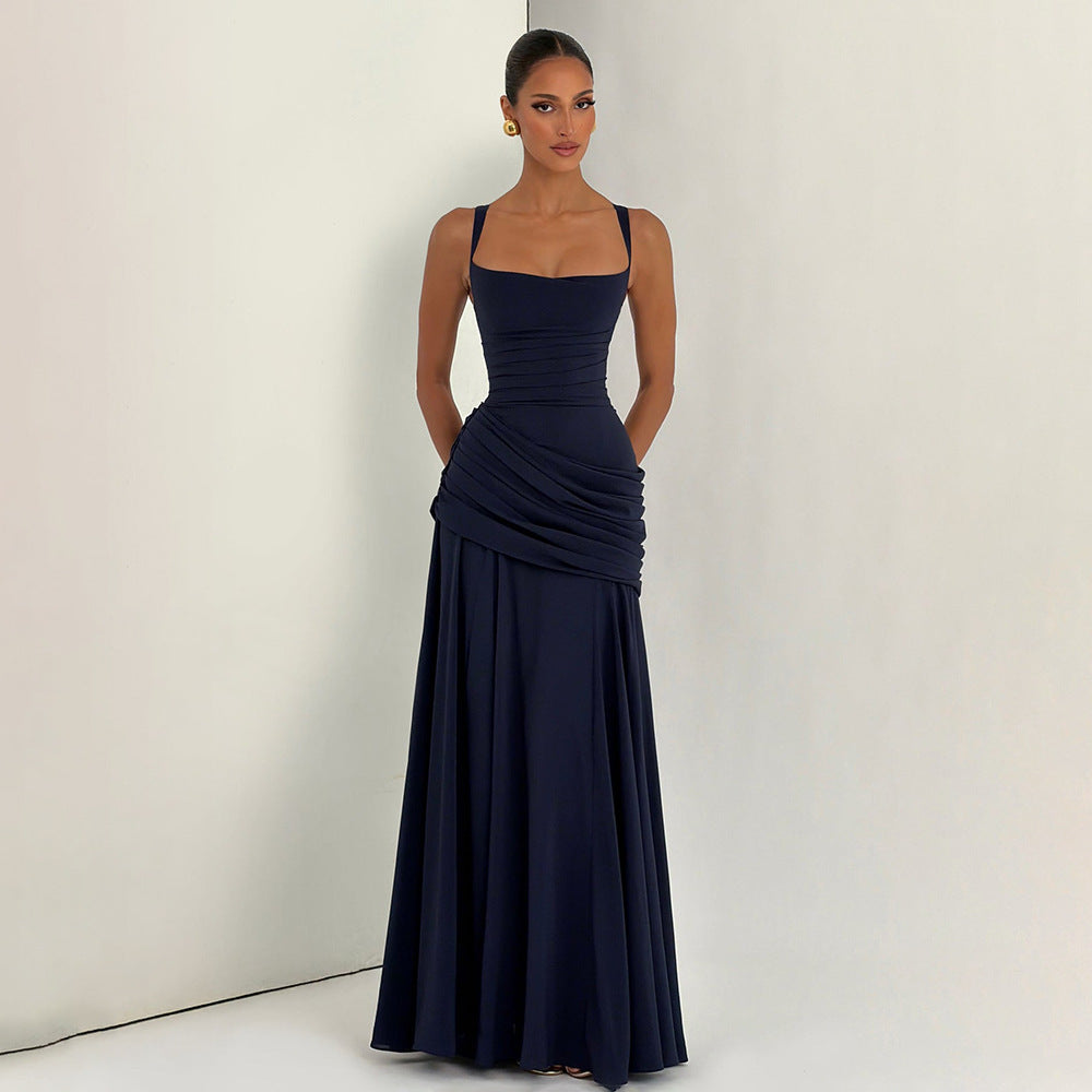 Women's Sexy Solid Color Pleated Low-cut Backless Dress
