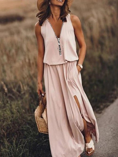 Women's Sleeveless Long Casual Waist Zipper Letter Dress