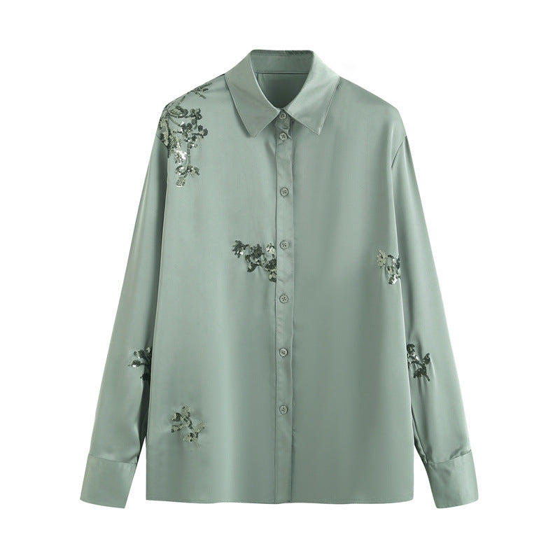 Women's Sequin Embroidery Loose Shirt Trousers Two-piece Suits