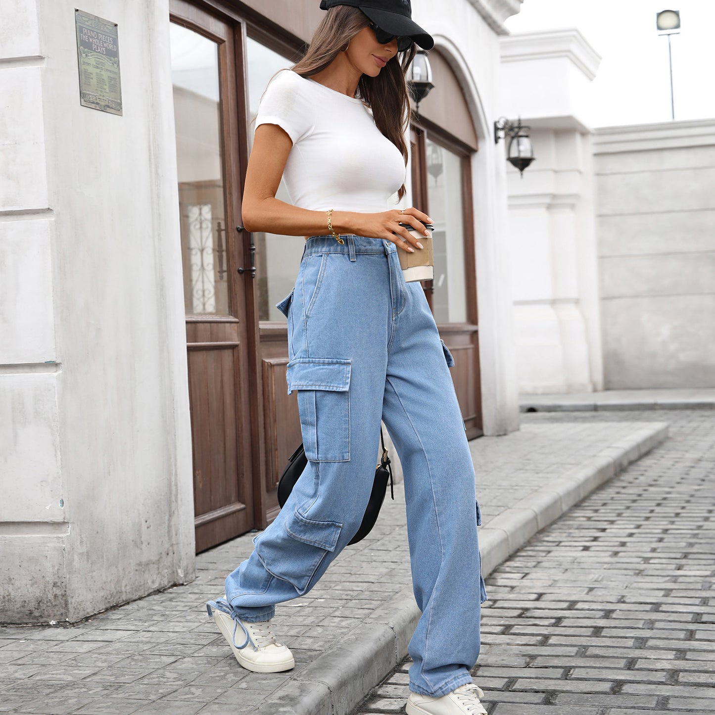 Women's Loose Drawstring Design Denim Overalls Casual Jeans