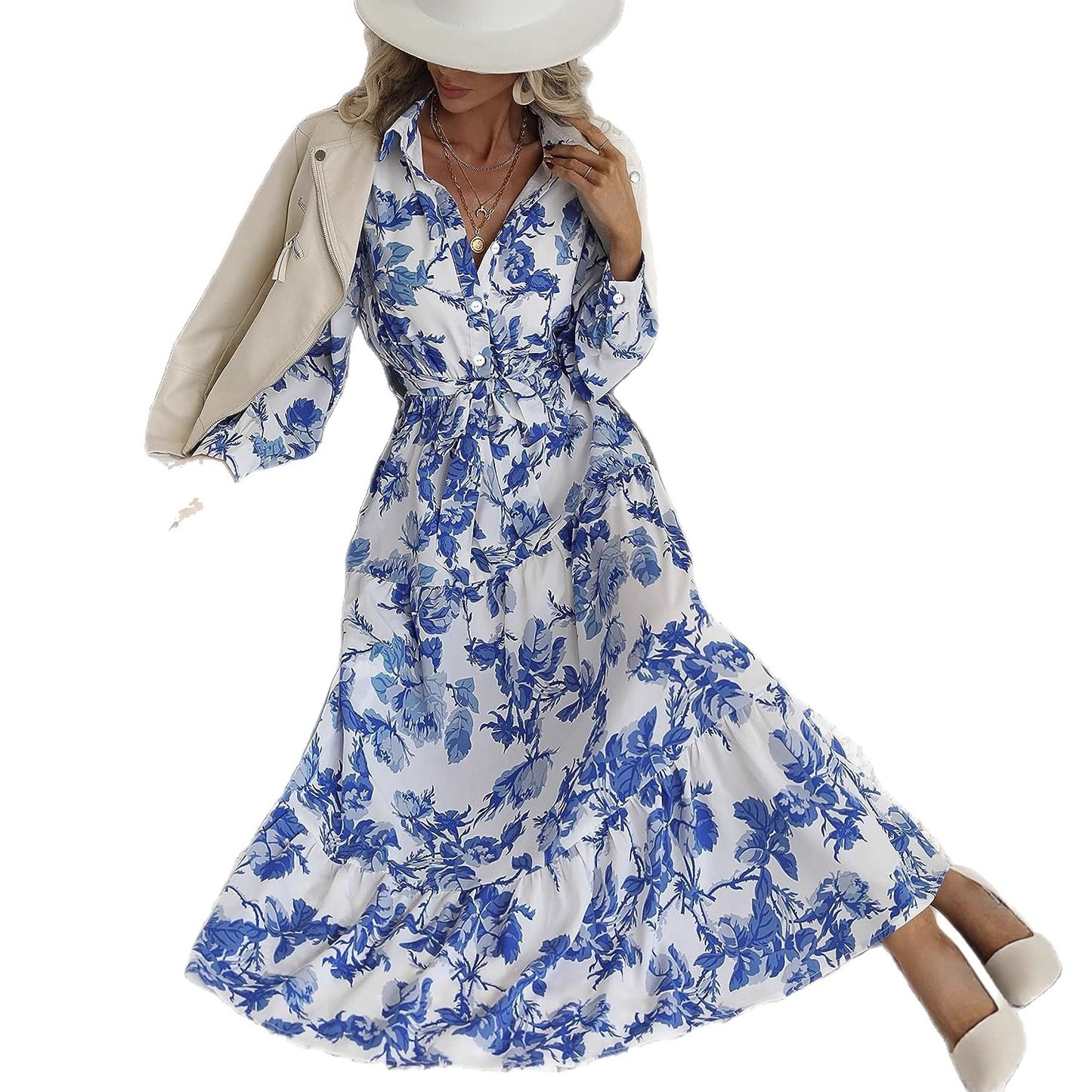 Women's Unique Blue Printed Long Dress Dresses
