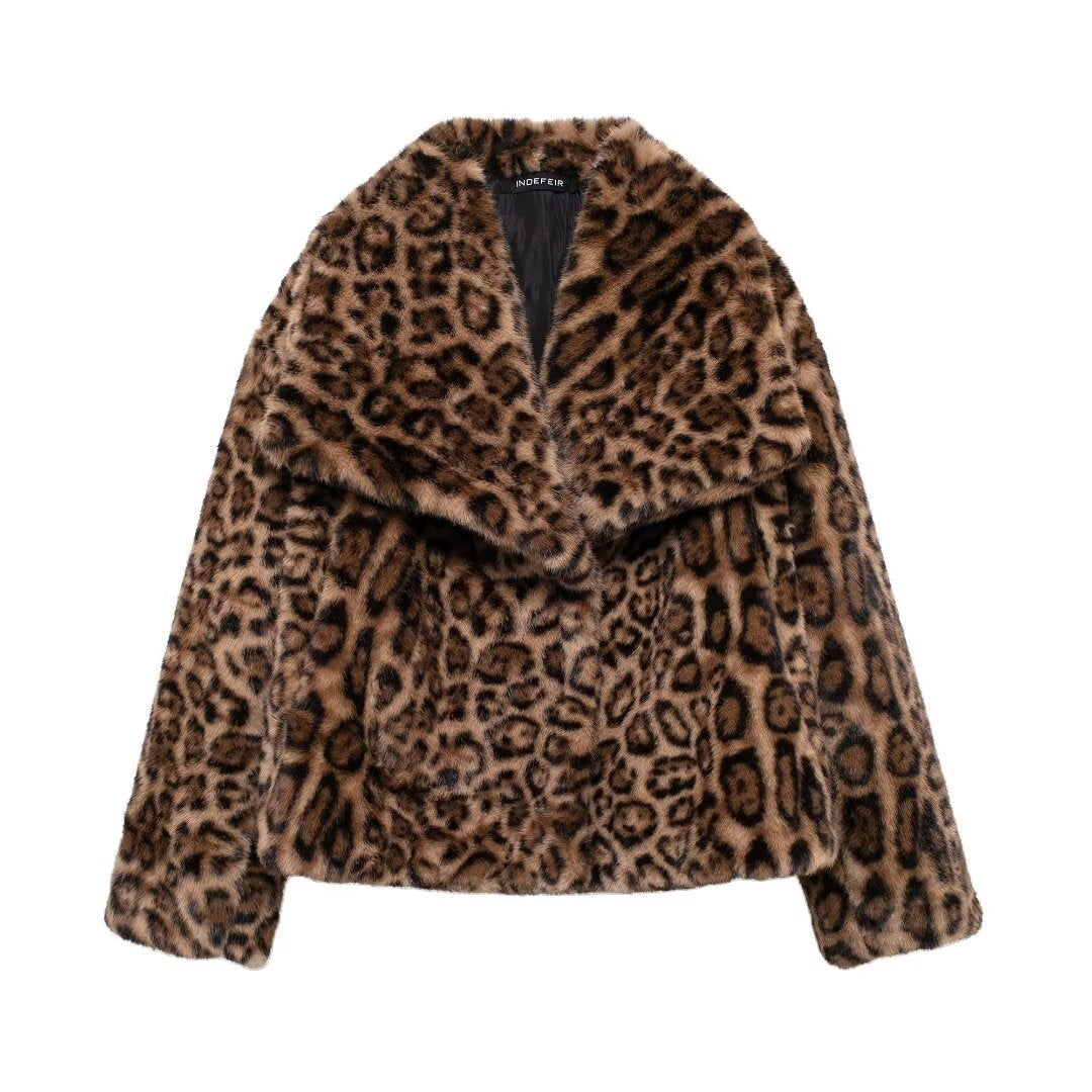 Women's Fashion Faux Leopard Fur Effect Jackets