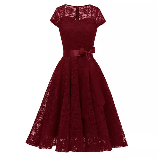 Women's Elegant Lady Mid-length Lace Short-sleeved Dress Dresses