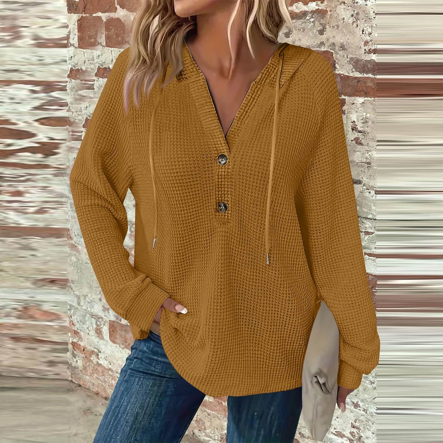 Women's Hoodie Waffle Knit Drawstring Button Long Sleeve Pullover Leisure Sweaters