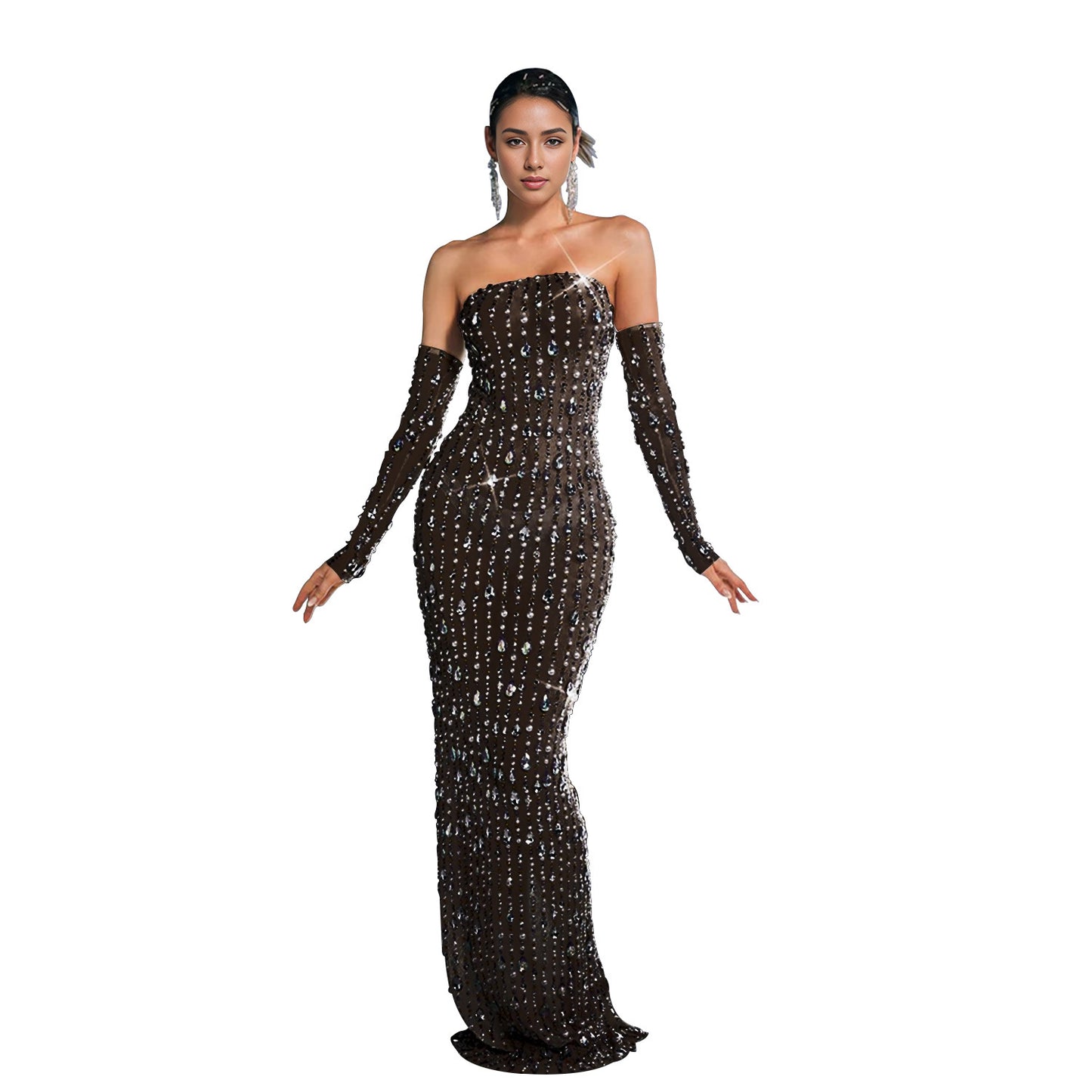Women's Fashion Wear Rhinestone One-line Dress Long Dresses