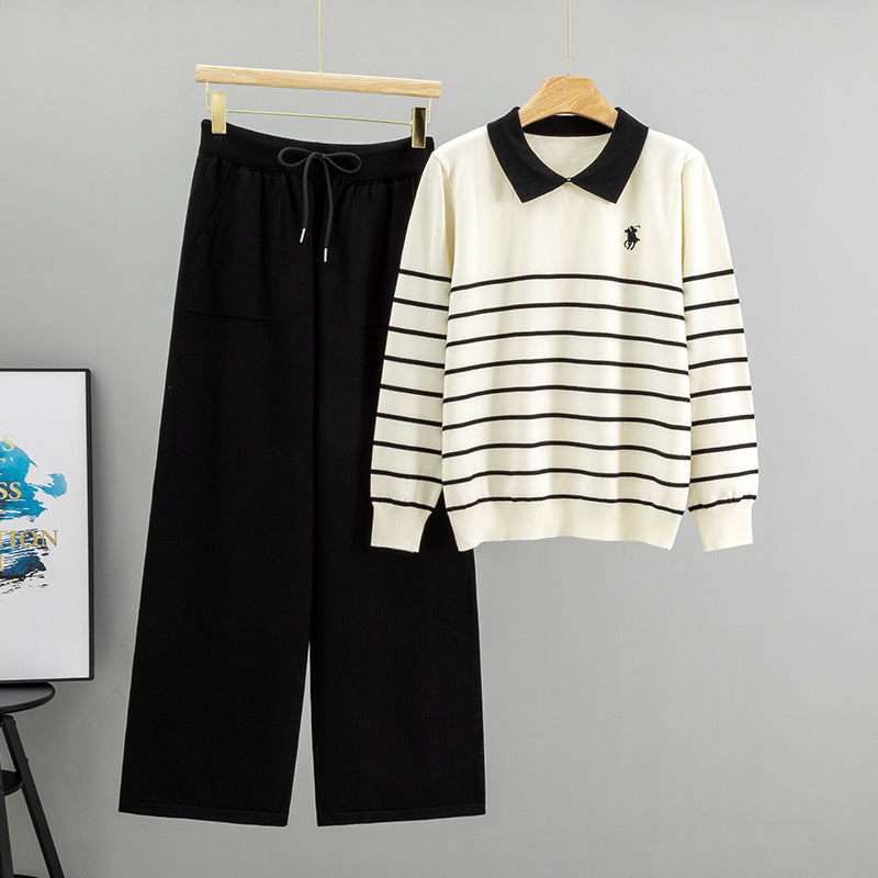 Women's Polo Collar Striped Knitting Loose Temperament Suits