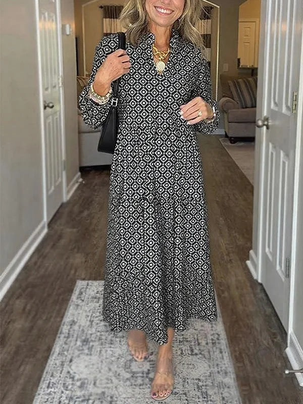 Collar Sleeve Digital Printing Diamond Pattern Dress