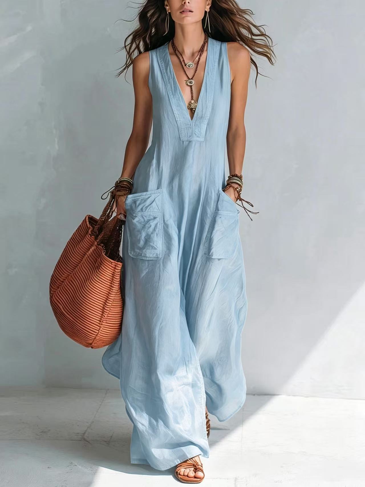 Solid Color Temperament Large Loose Pockets Jumpsuits
