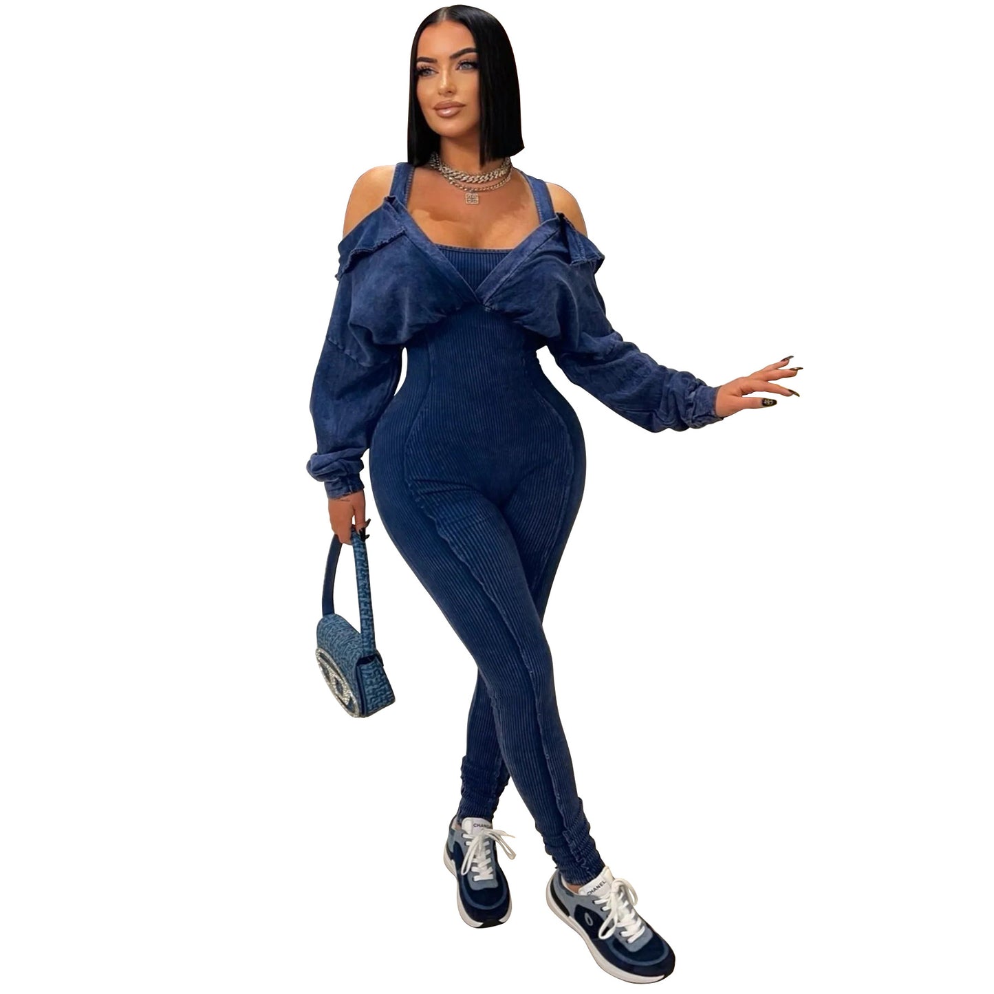 Women's Fashion Wear Washed Old Sexy Cold-shoulder Jumpsuits