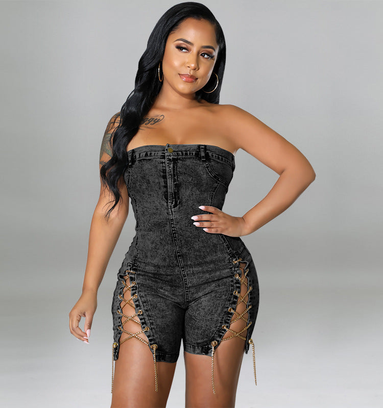 Women's Spring Wear Copper Chain Sexy Denim Jumpsuits