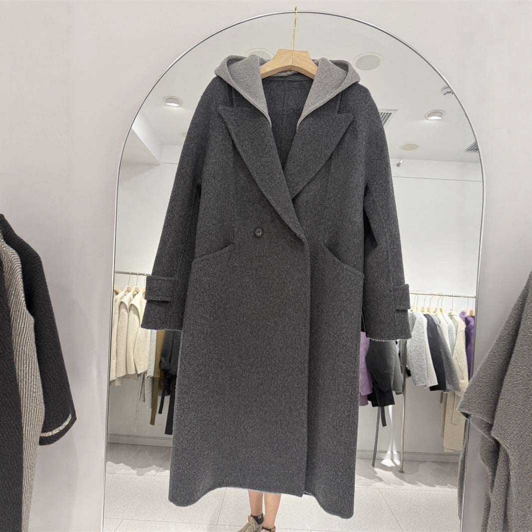 Women's Hooded Fake Two Pieces Woolen Long Winter Hepburn Style Coats