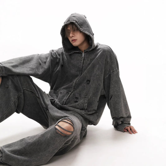 Ripped Long Sleeves Hooded Washed Heavy Sweaters