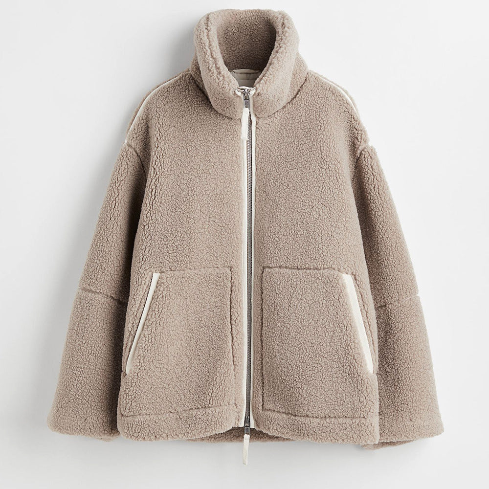 Women's Loose Warm Contrast Color Double Zipper Jackets