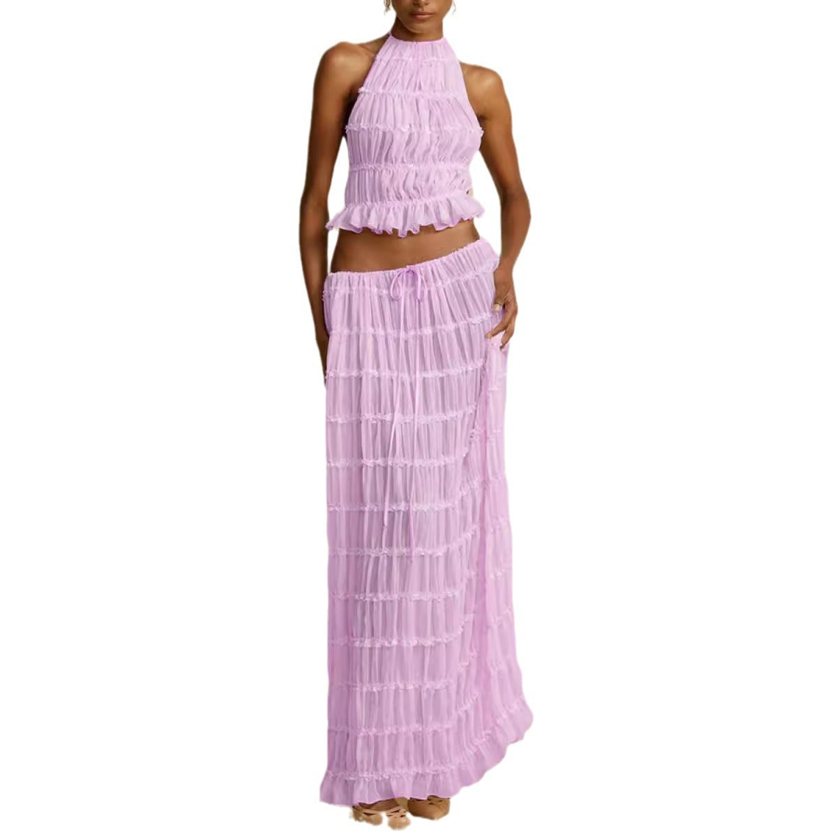 Fashion Sexy Backless Halter Pleated Lace Suits