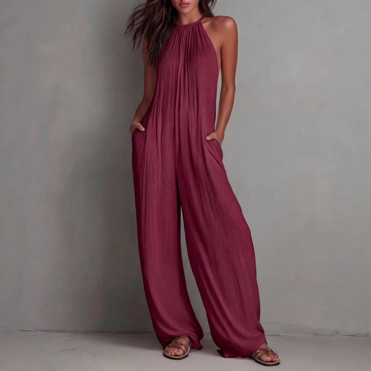 Women's Halter Sleeveless Vacation Style White Pleated Women's Jumpsuit/clothing