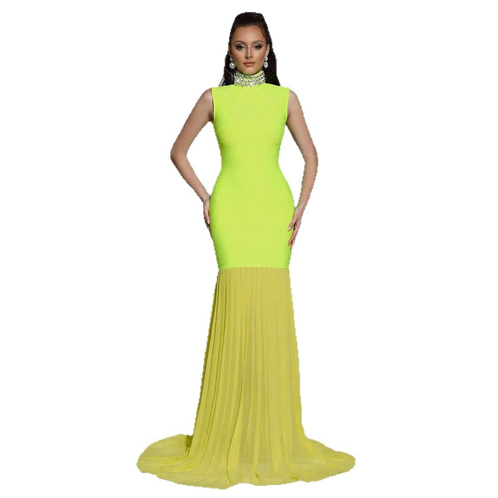 Women's Bandage Mesh Stitching Long Dress Diamond Turtleneck Dresses