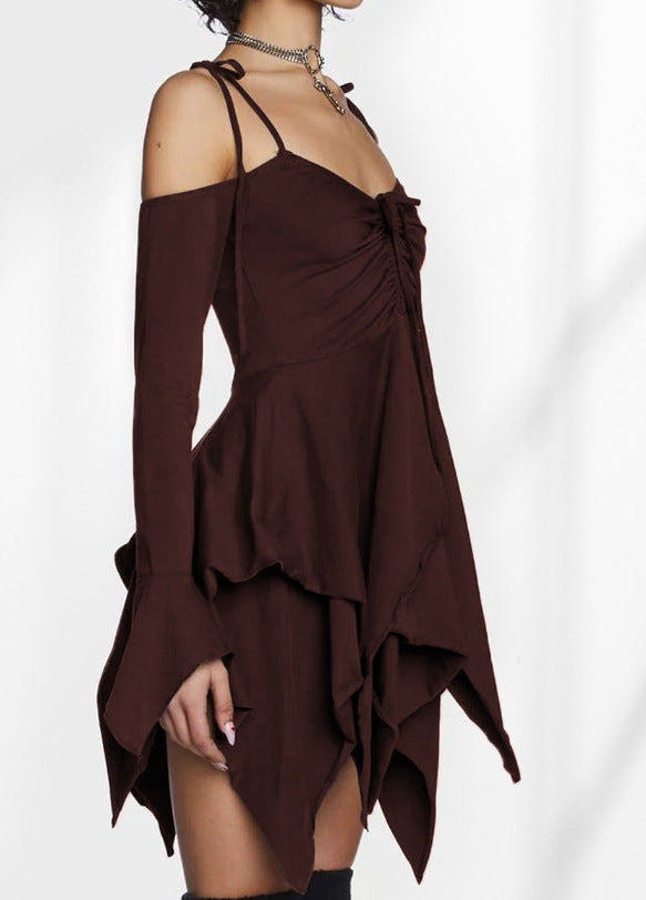 Women's Style Milk Silk Patchwork Cold-shoulder Long Sleeve High Waist Slip Clothing