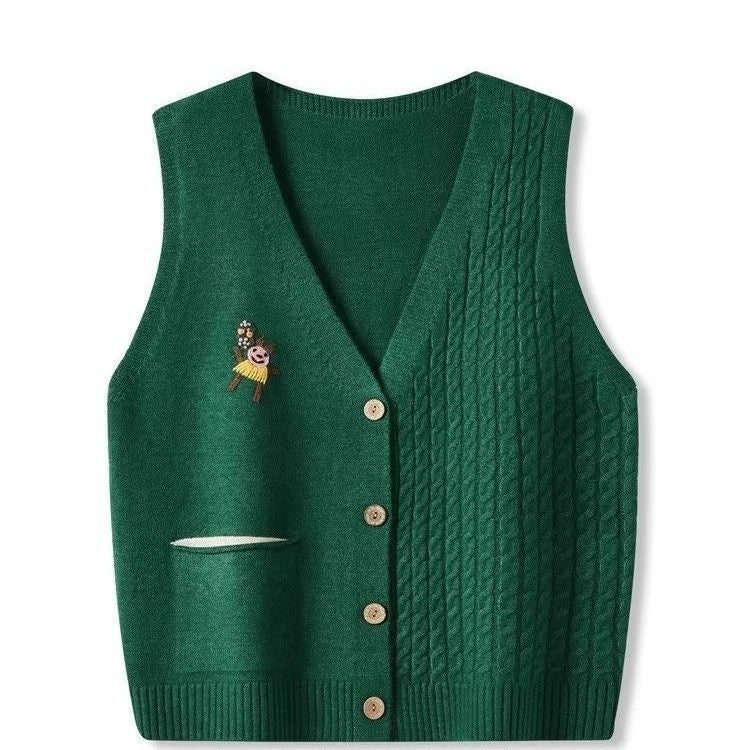 Women's Retro Twist Cartoon Embroidery Knitted Bandage Dress Women's Vest