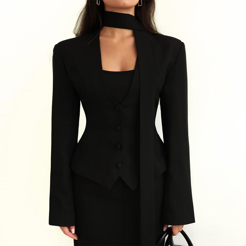 Women's Solid Color Scarf With Long Sleeves Blazers
