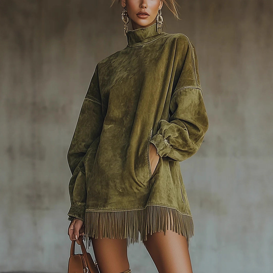 Suede Vintage Loose Pockets Tassel Long Dresses