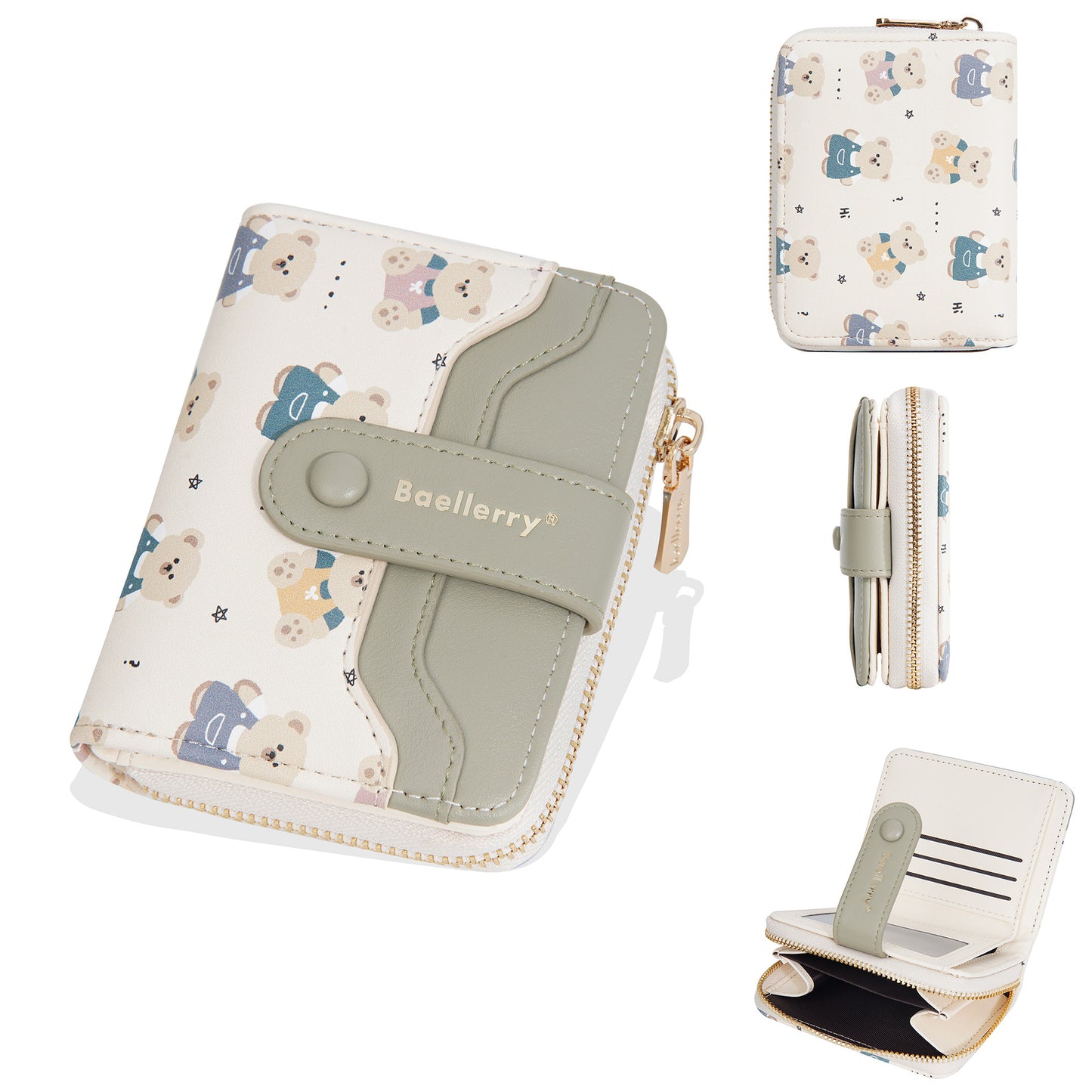 Women's Short Bear Printed Multiple Slots Zipper Ladies Wallets