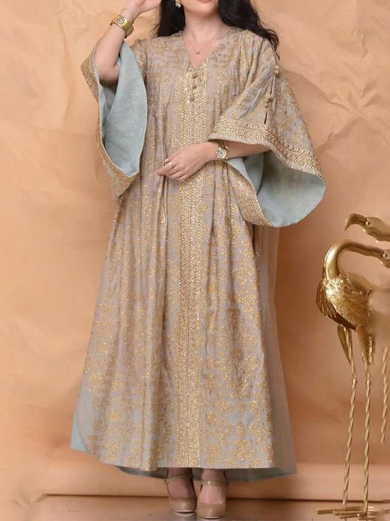 Women's Bronze Printing Embroidered Loose Flare Sleeve Dresses