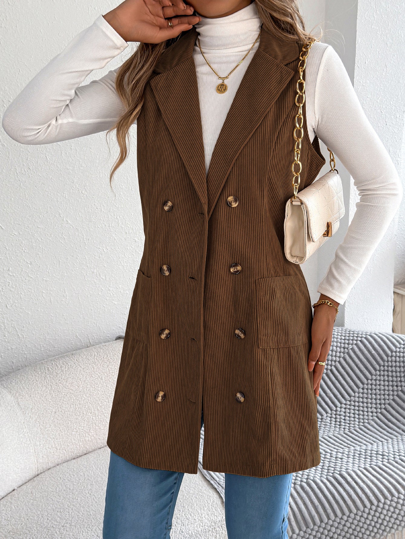 Women's Solid Color Double Breasted Pocket Corduroy Vests