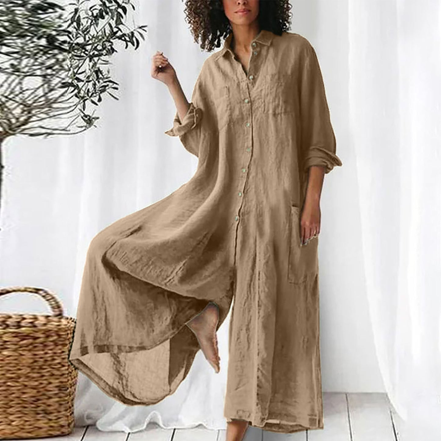 Women's Color Casual Long Sleeves Mid-length Cotton Jumpsuits