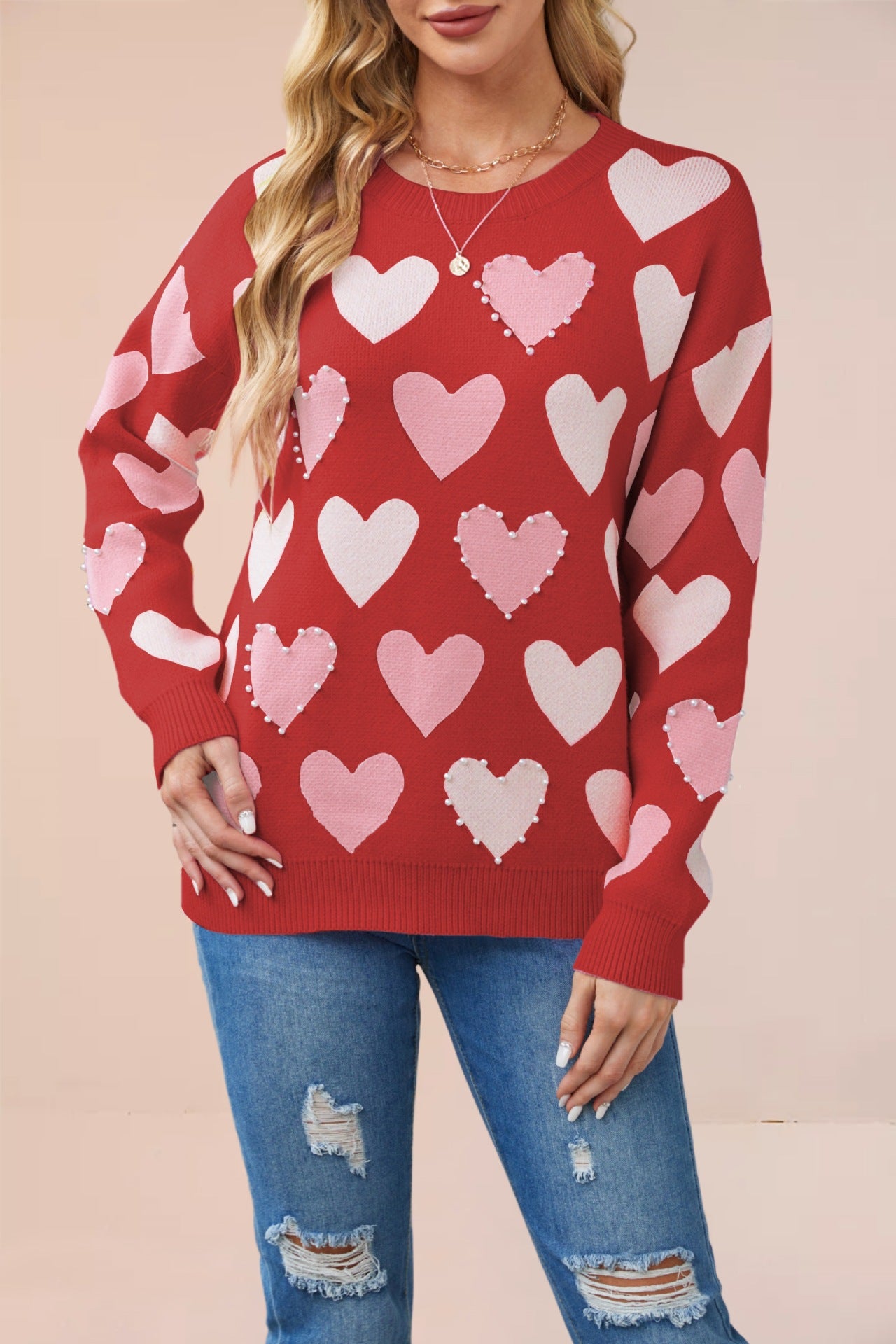 Day Round Neck Handmade Beaded Heart Sweaters