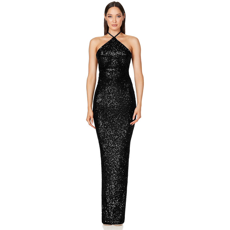 Women's Hot French Dress Split Sequined Hanging Dresses