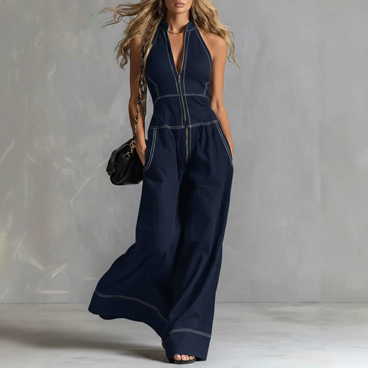 Fashion Monochrome Stand Collar Sleeveless Loose Casual Women's Jumpsuit/clothing
