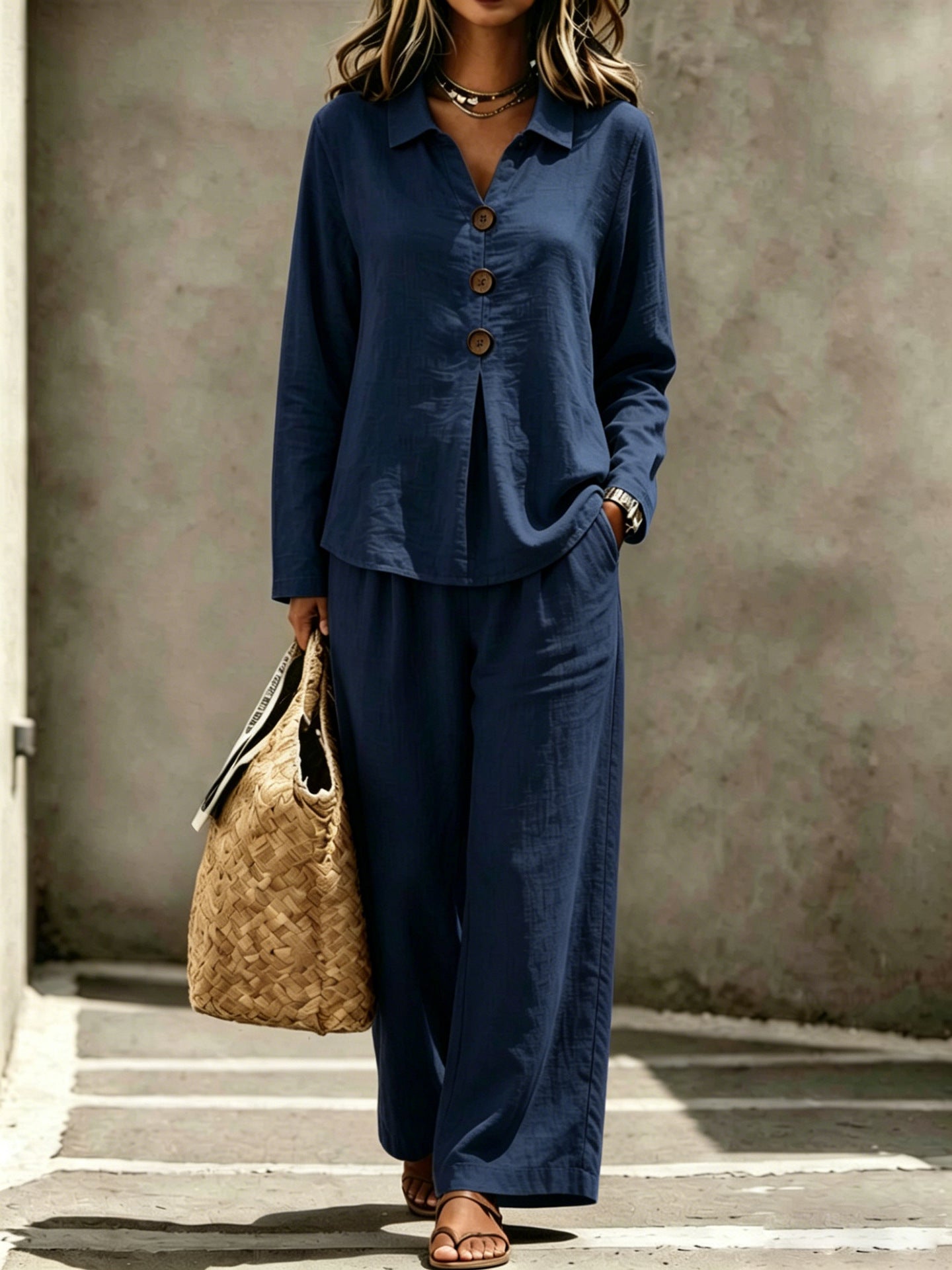 Lady Collar Decorated With Buttons Long-sleeved Trousers Suits