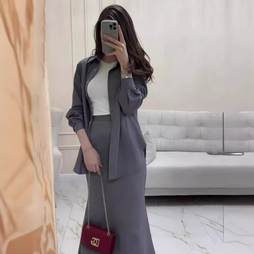 Women's Loose Long-sleeved Shirt Elastic Waist Dress Suits