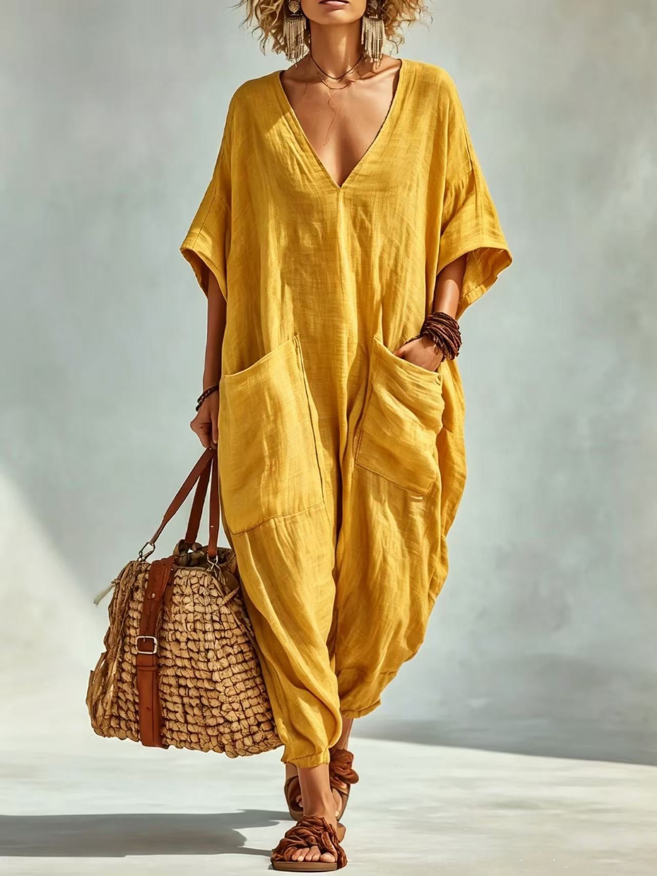Women's Cotton Linen Loose Large Pocket Bloomers Beach Jumpsuits