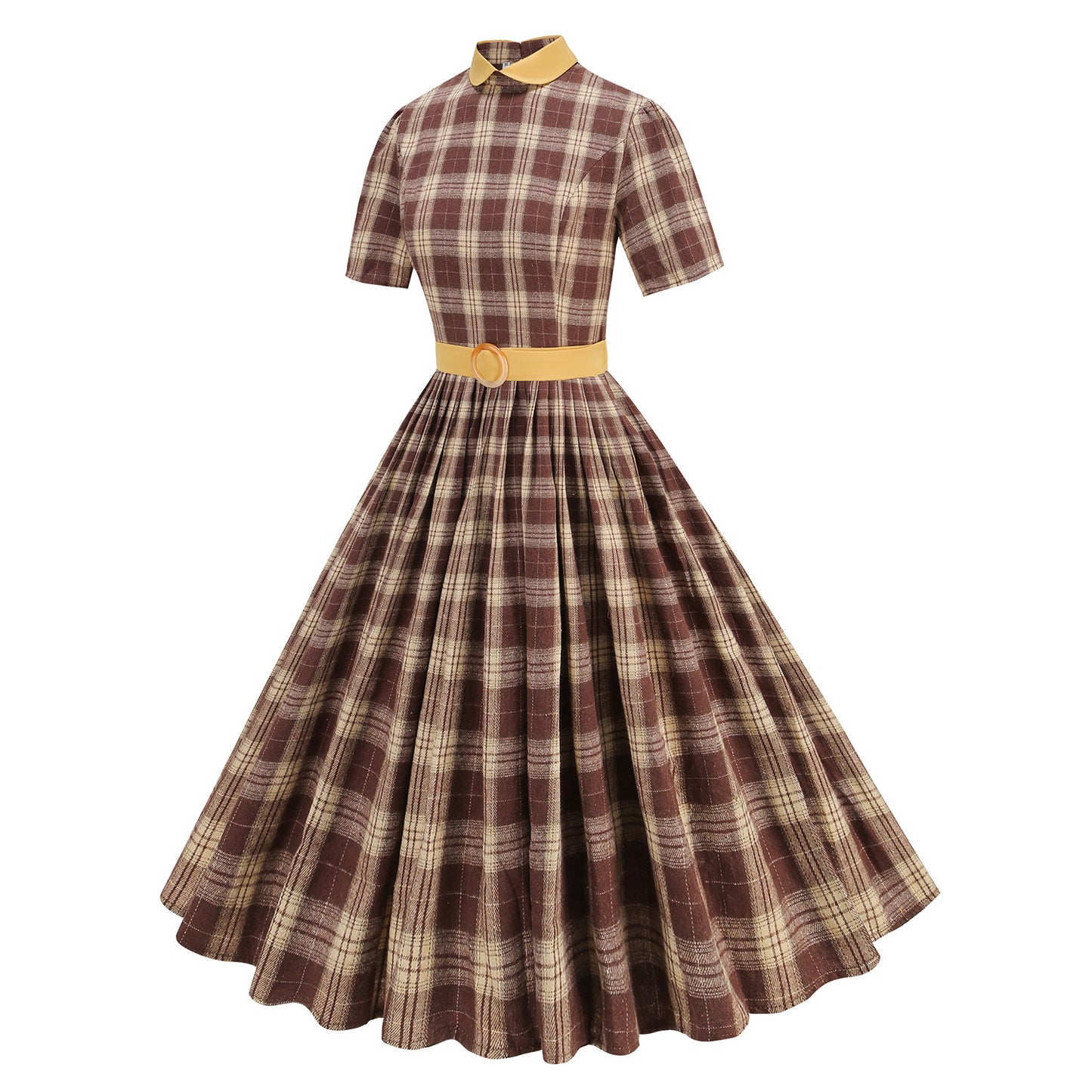 British Court Retro Contrast Color Lapels Pleated Plaid Elegant Dresses