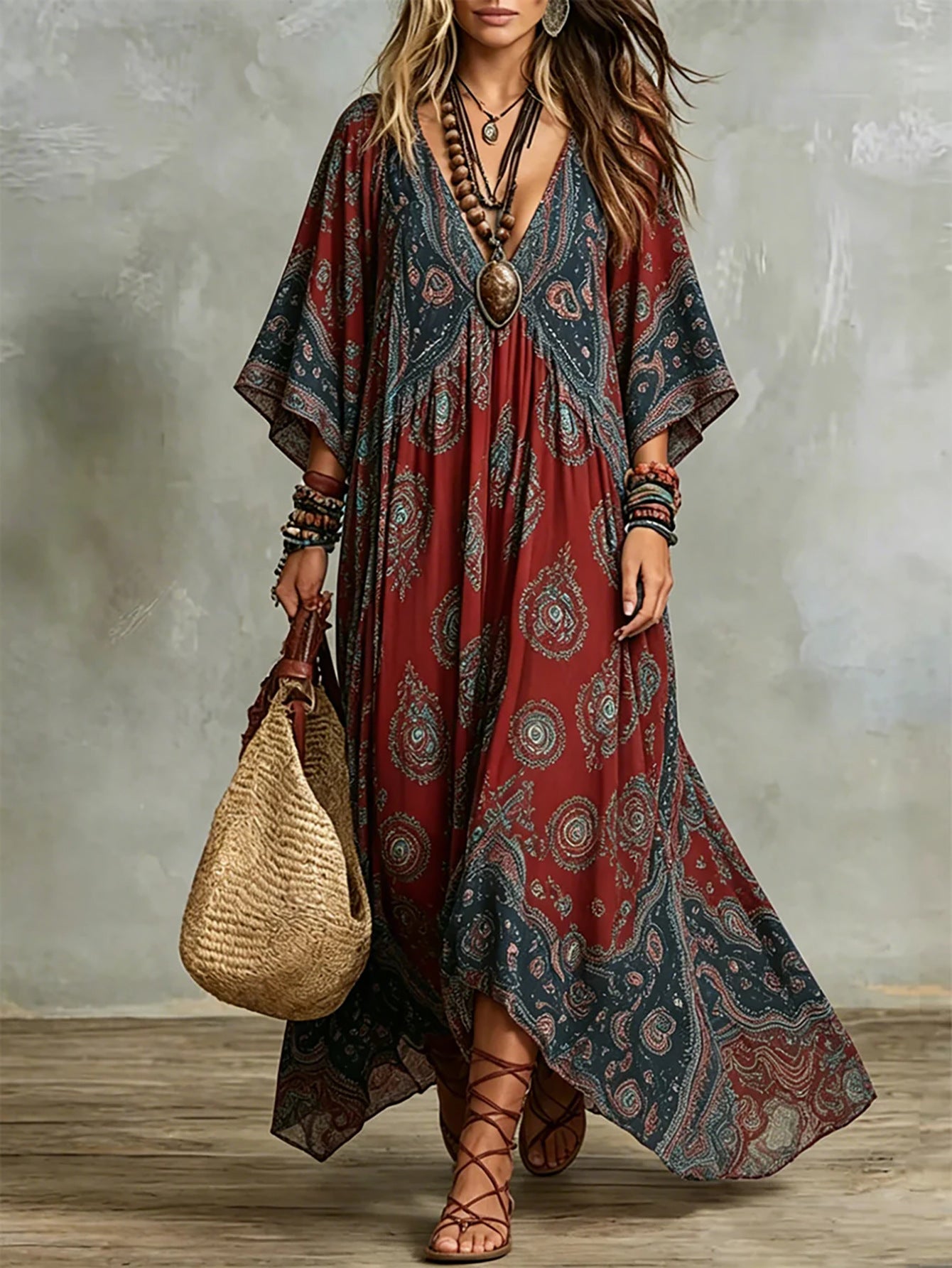 Women's Retro Three-quarter Sleeve Printed Loose Temperament Dress