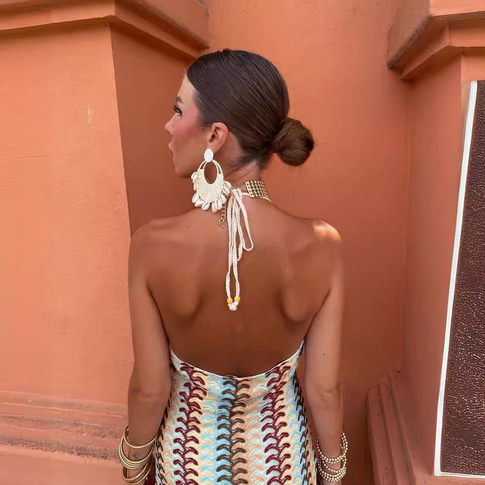 Contrast Color Lace Strap Backless Beach Dresses
